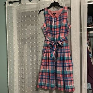 Talbots Madras Pink and Blue Plaid Button Front Shirt Dress with Belt Size 12p